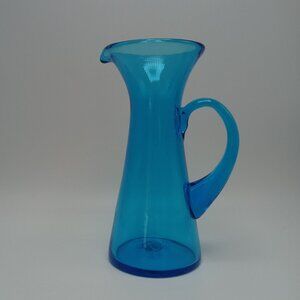 Empoli Italian Blue Hand-Blown Glass Pitcher Vintage MCM Coastal Vibe